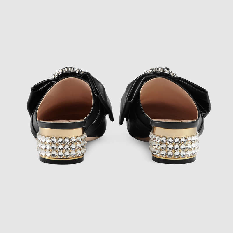 481163 GUCCI 可拆卸 珠寶蝴蝶結 皮革 低跟涼拖鞋 黑色