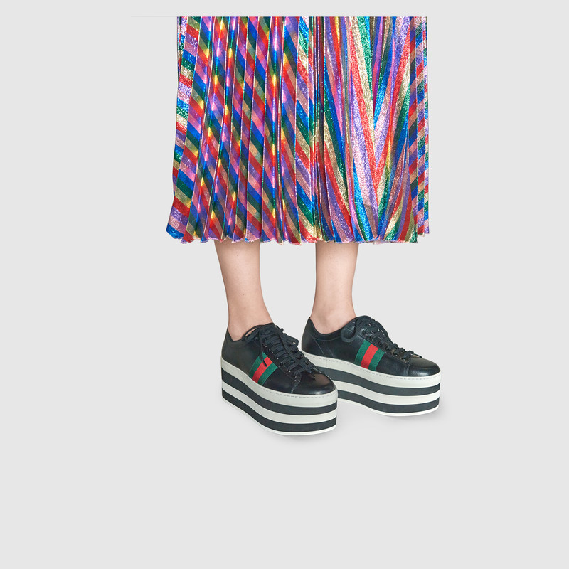 476783 GUCCI 黑白色條紋防水臺 羅緞織帶 皮革 運動鞋 黑色