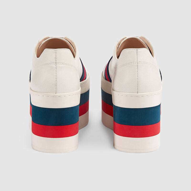475649 GUCCI 紅白藍條紋防水臺 羅緞織帶 皮革 運動鞋 白色