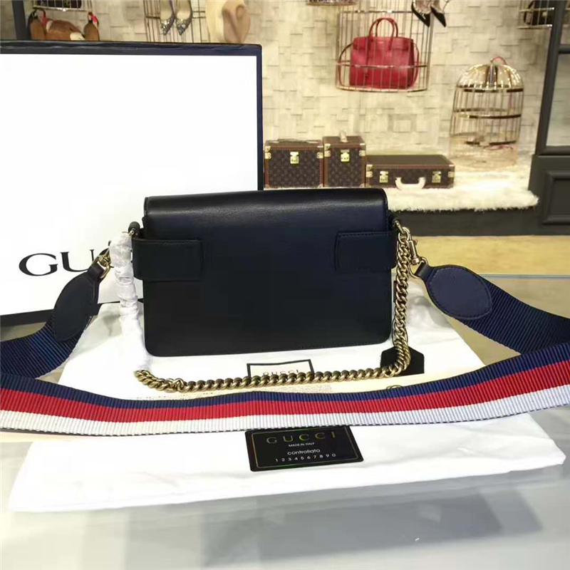 453778 Gucci Broadway 虎頭扣 三色織帶 真皮手拿包 鏈條包 黑色