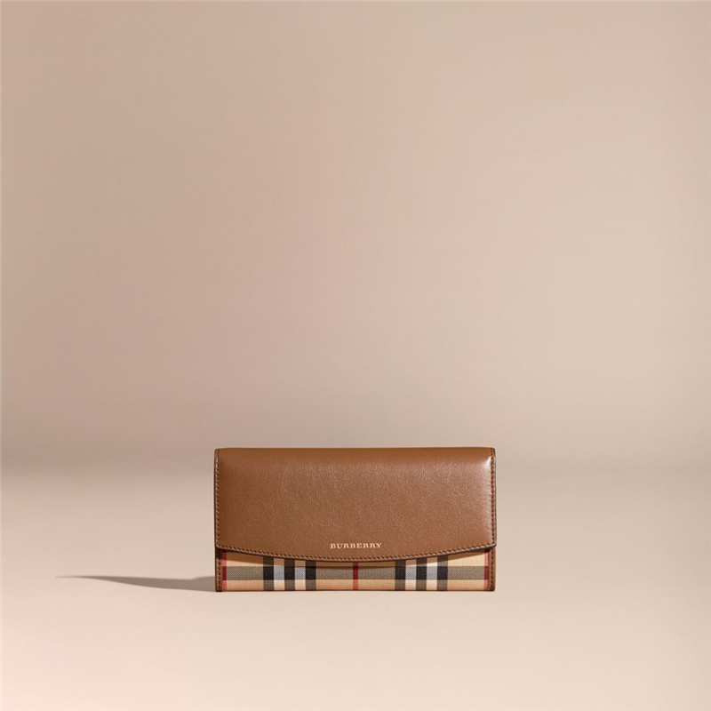 40249911 Burberry巴寶莉 Horseferry 格紋拼皮革 長(zhǎng)款錢夾 棕褐色