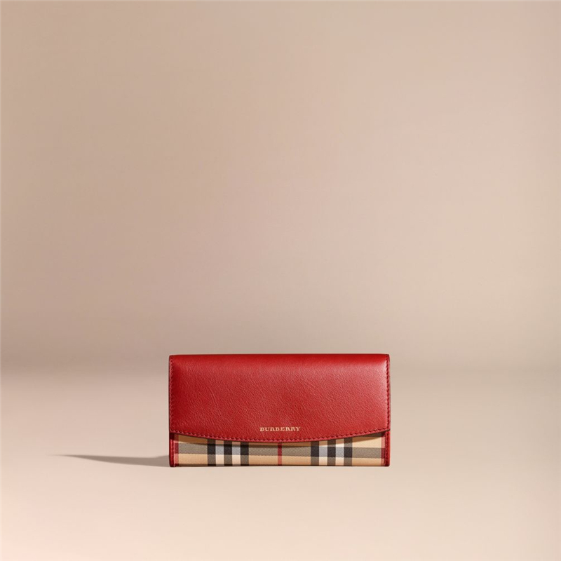 40249891 Burberry巴寶莉 Horseferry 格紋拼皮革 長款錢夾 繽紛紅色