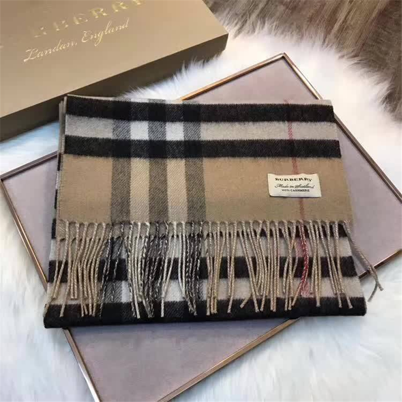 Burberry 巴寶莉 17年最新款 雙面兩用 金屬感格紋 羊絨圍巾 卡其色