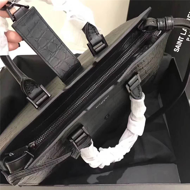 394461 圣羅蘭 YSL手提斜跨包 南非皮 鱷魚紋 黑色
