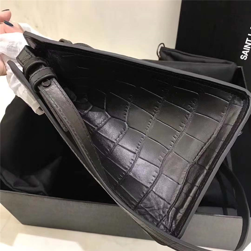 394461 圣羅蘭 YSL手提斜跨包 南非皮 鱷魚紋 黑色