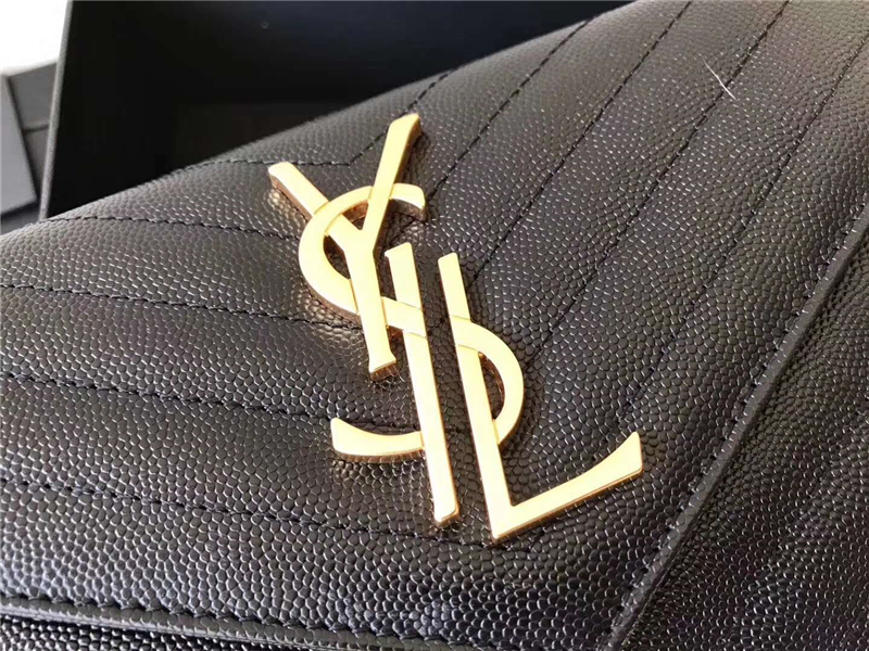 377828 YSL 進口魚子醬皮 圣羅蘭 真皮鏈式皮夾 黑色金飾