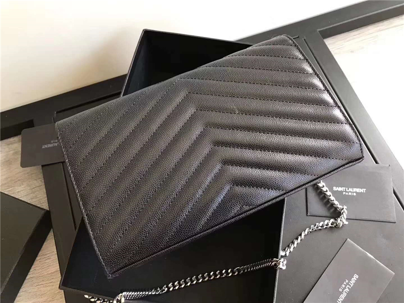 377828 YSL 進口魚子醬皮 圣羅蘭 真皮鏈式皮夾 黑色銀飾