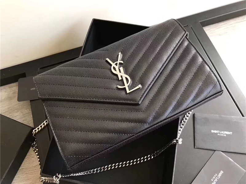 377828 YSL 進口魚子醬皮 圣羅蘭 真皮鏈式皮夾 黑色銀飾