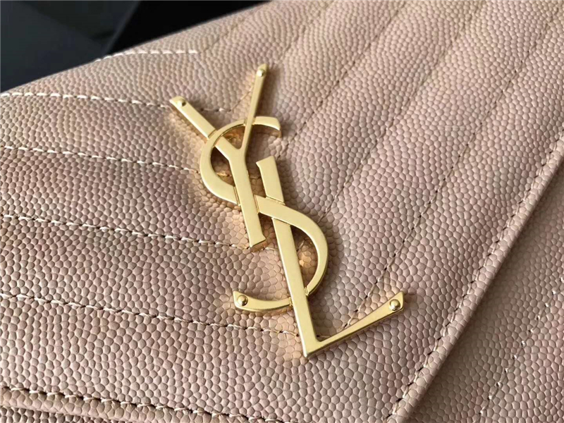 377828 YSL 進口魚子醬皮 圣羅蘭 真皮鏈式皮夾 藕粉