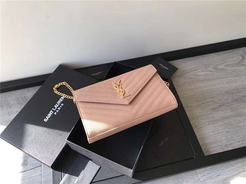 377828 YSL 進口魚子醬皮 圣羅蘭 真皮鏈式皮夾 藕粉