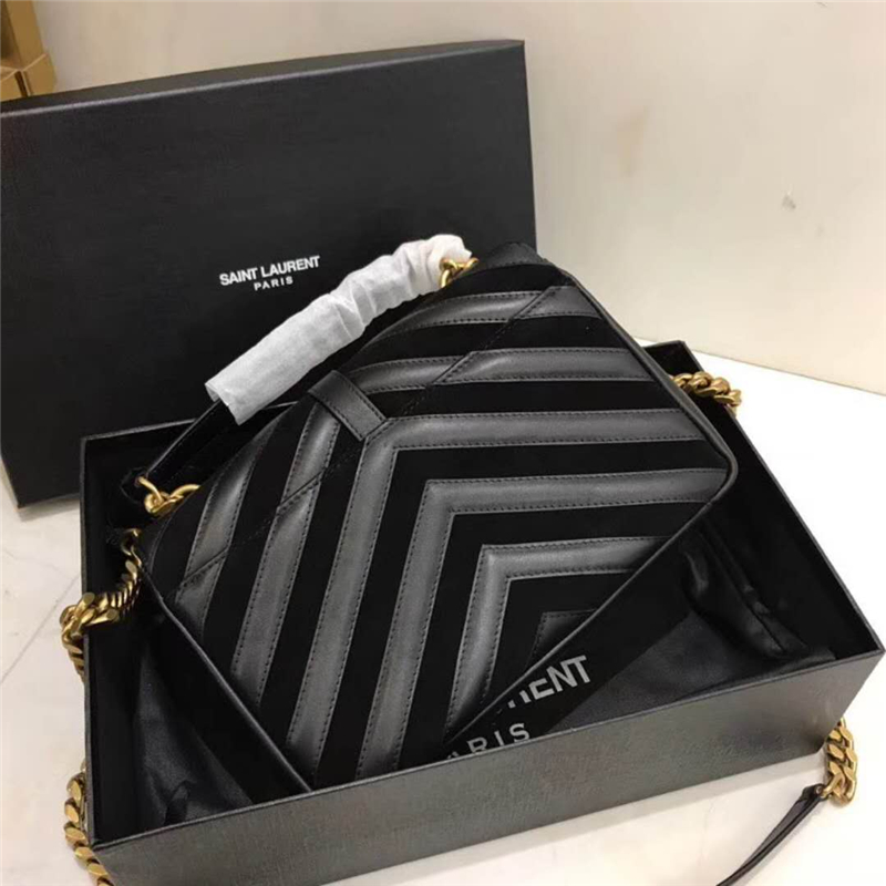 392737 YSL圣羅蘭 麂皮拼羊皮 V紋 中號 鏈條郵差包 黑色