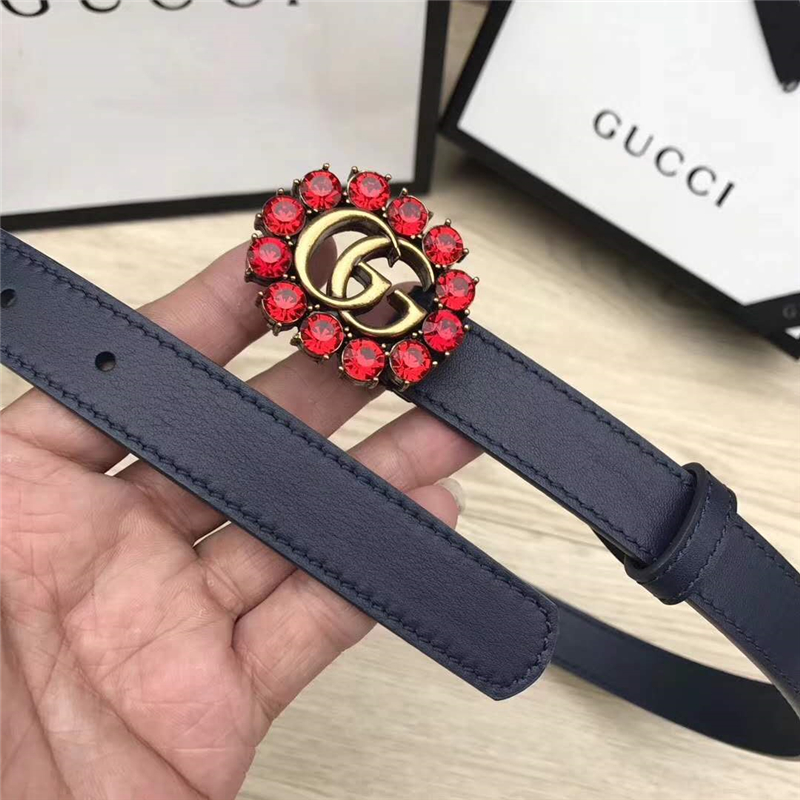 Gucci 模特走秀款 紅色水晶 雙G帶扣 皮革腰帶 深藍色