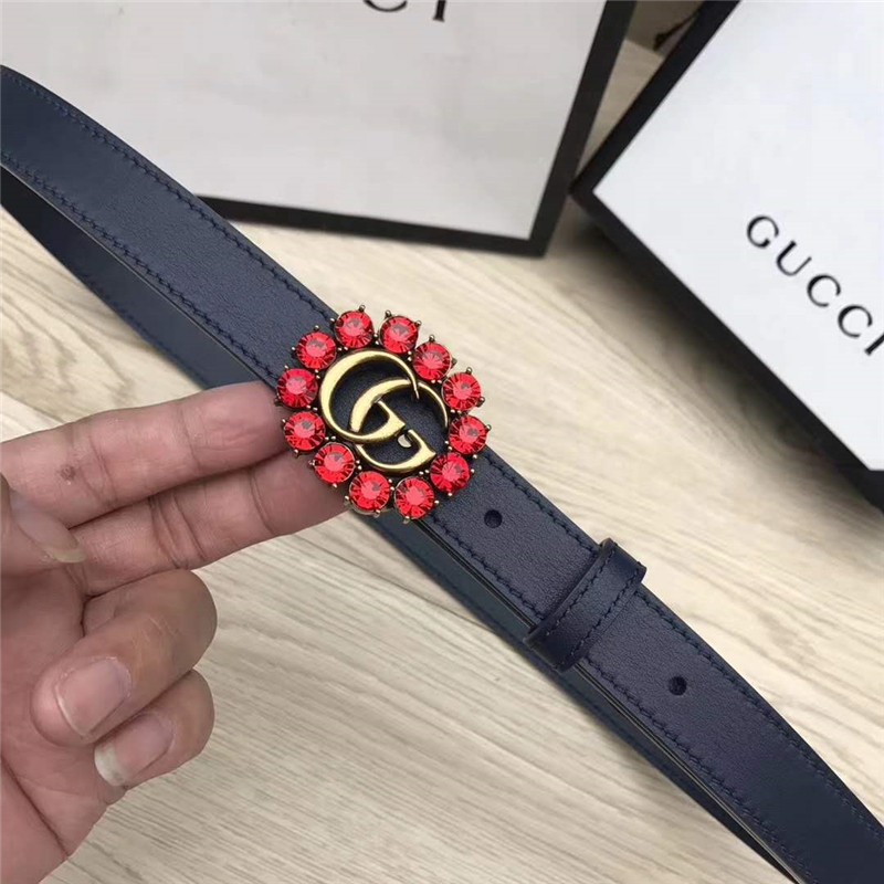 Gucci 模特走秀款 紅色水晶 雙G帶扣 皮革腰帶 深藍色