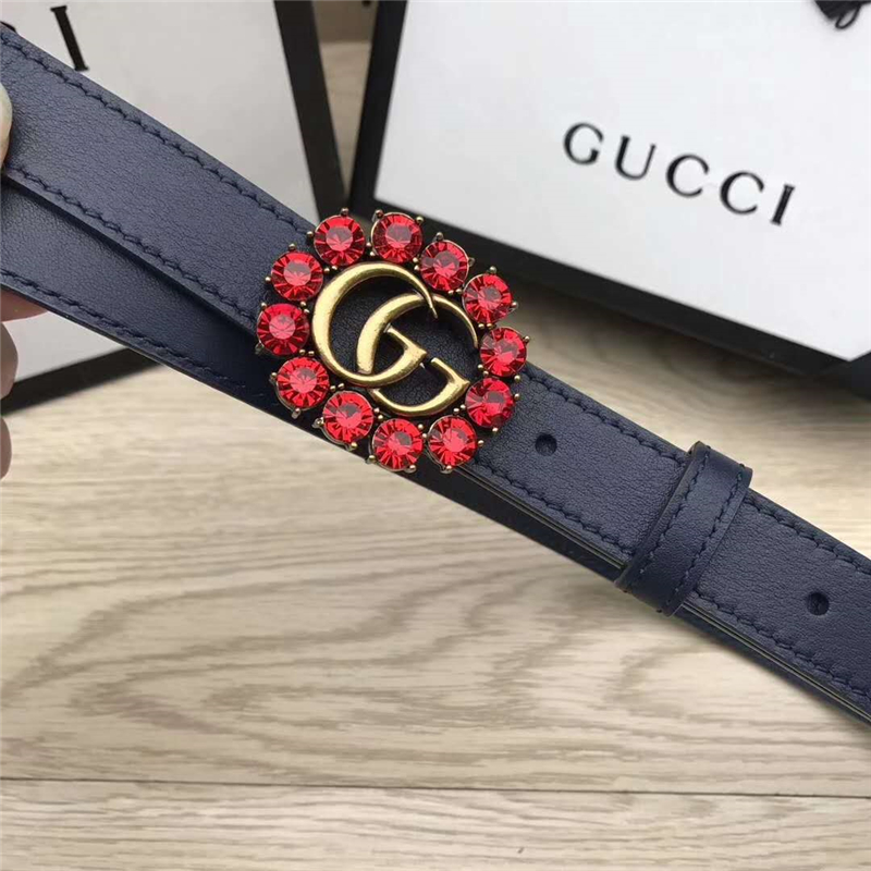 Gucci 模特走秀款 紅色水晶 雙G帶扣 皮革腰帶 深藍色