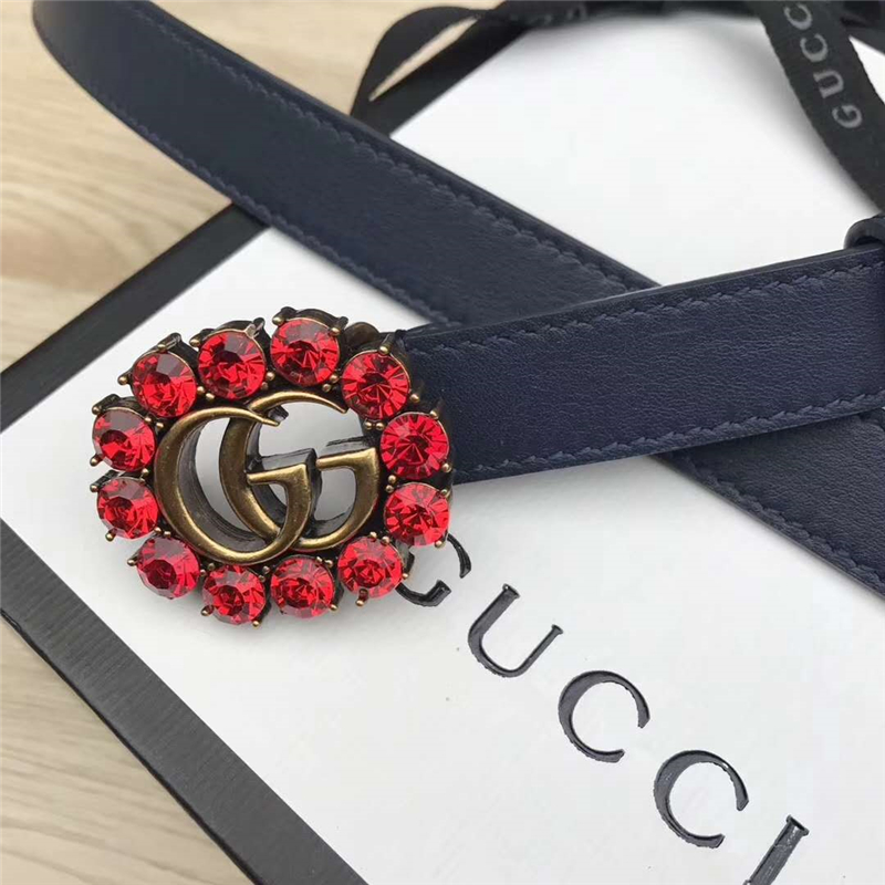 Gucci 模特走秀款 紅色水晶 雙G帶扣 皮革腰帶 深藍色