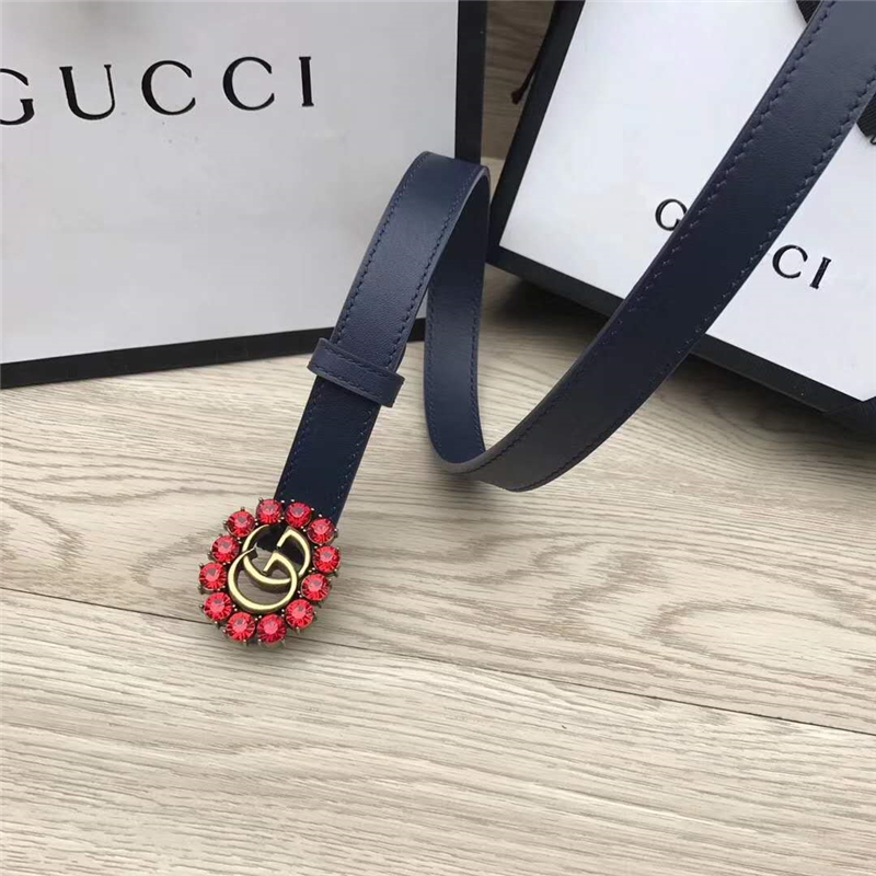 Gucci 模特走秀款 紅色水晶 雙G帶扣 皮革腰帶 深藍色