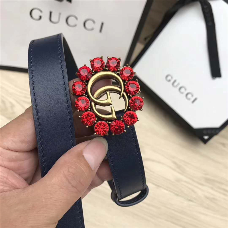 Gucci 模特走秀款 紅色水晶 雙G帶扣 皮革腰帶 深藍色