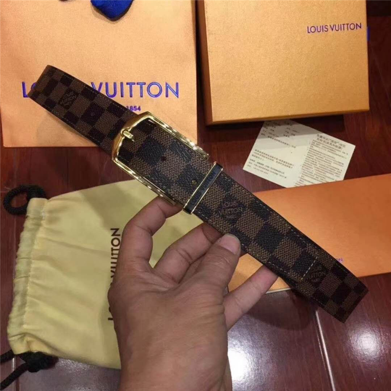 M9073Q LV腰帶 Damier帆布面 SLENDER 雙面可用 男士腰帶 啡棋盤格金扣