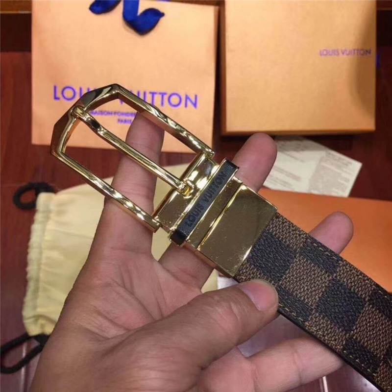 M9073Q LV腰帶 Damier帆布面 SLENDER 雙面可用 男士腰帶 啡棋盤格金扣