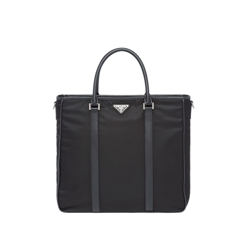 2VG034 Prada普拉達男包 Saffiano皮革飾邊和手柄 尼龍手提包 黑色
