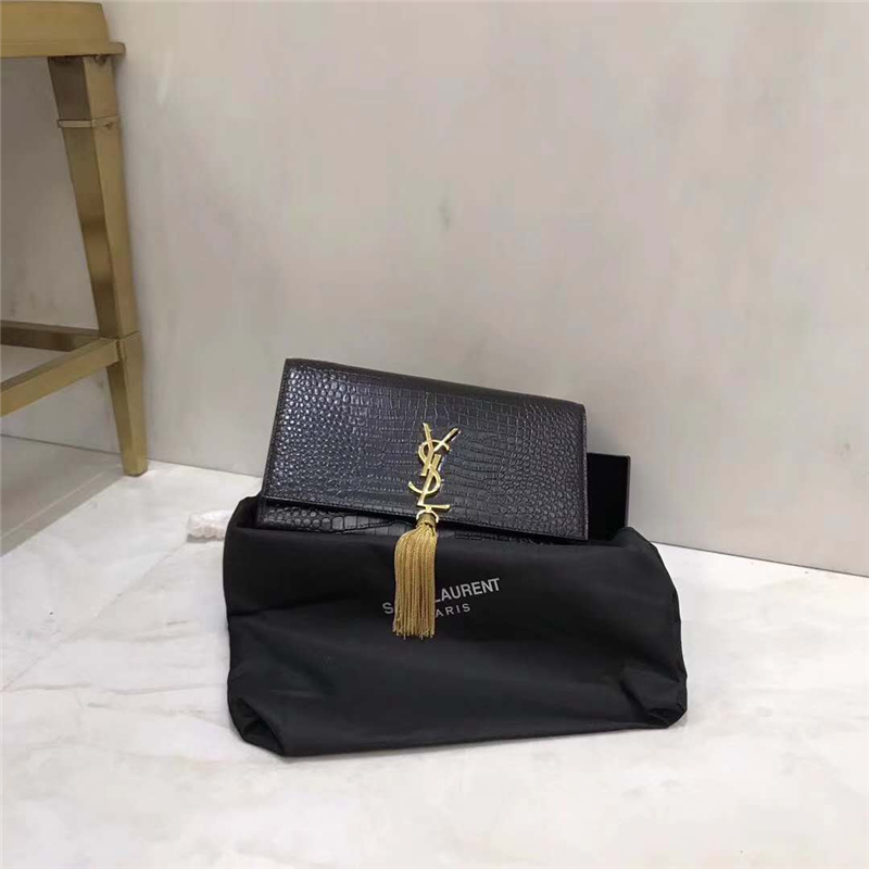 326076 YSL圣羅蘭 專柜最新 細鱷魚紋 流蘇包 黑色金鏈