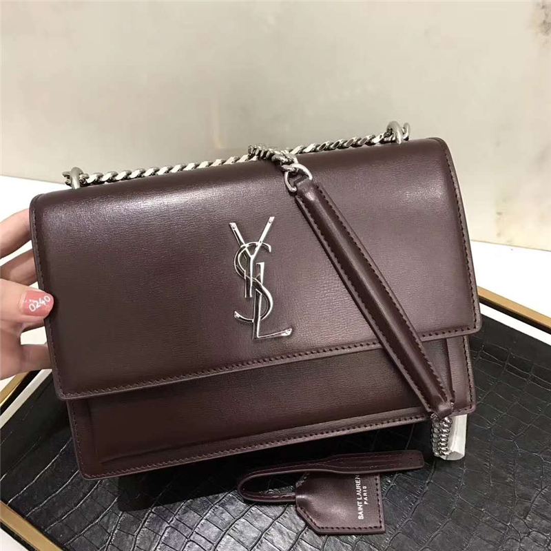 442906 YSL圣羅蘭 Sunset最新 牙簽紋牛皮 翻蓋鏈條包 深褐色