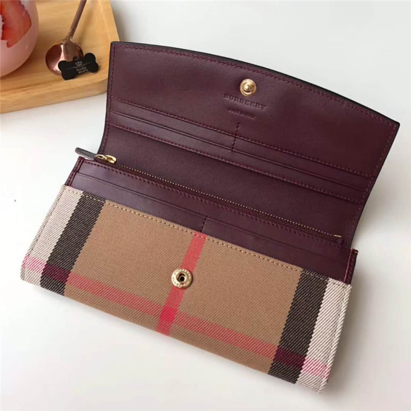 39753301 Burberry巴寶莉 Banner手袋系列 House格紋 拼皮長款錢夾 紅褐色