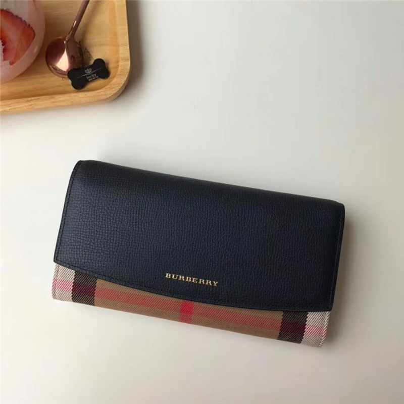 39928941 Burberry巴寶莉 Banner手袋系列 House格紋 拼皮長款錢夾 墨藍色