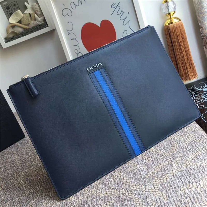 2NG001 Prada普拉達 新款手包 十字紋牛皮 三角嘜 手拿包 藍色