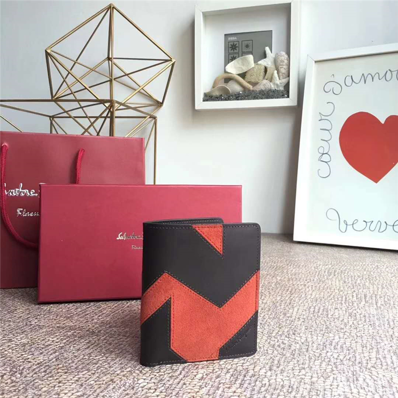 660479 Ferragamo菲格拉慕 對稱兩折 幾何圖拼色 啡橙色