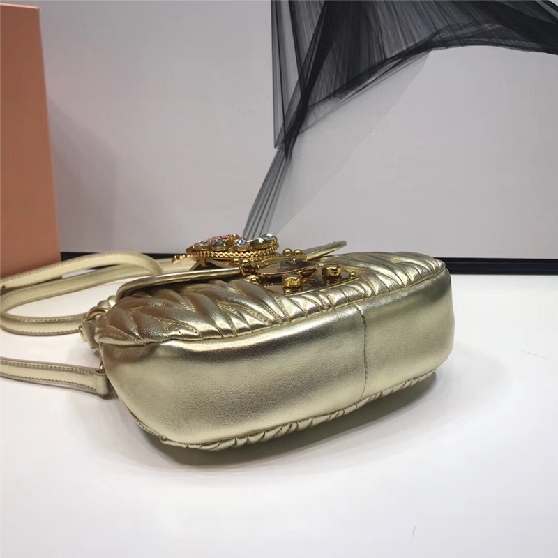 5BH111 MIUMIU專柜新品 小羊皮 小號 仿水晶裝飾帶扣 手提單肩包 金色