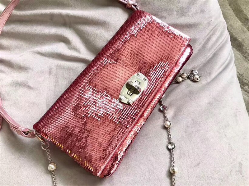 5BD233 MIUMIU 專柜新款 手工珠刺繡 亮片鉆石鏈條包 粉色