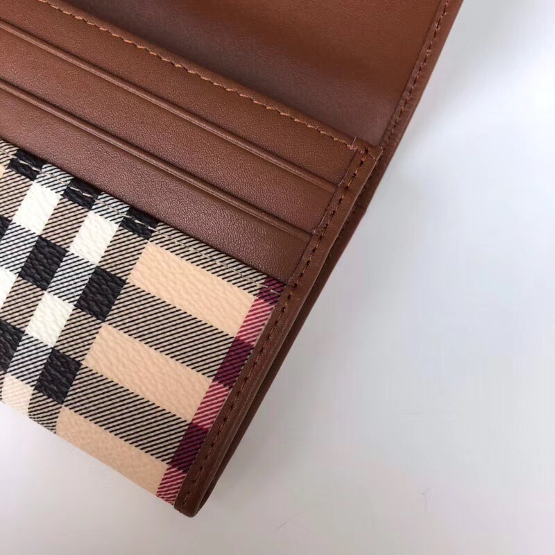Burberry巴寶莉 經典格紋按扣 戰馬印花 女士長款錢包 棕色