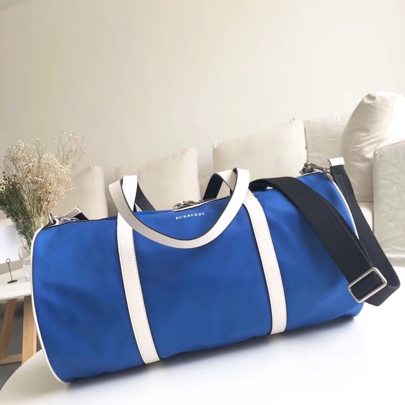 40743781 Burberry 中號 拼色 Vintage格紋 圓筒旅行袋 藍色