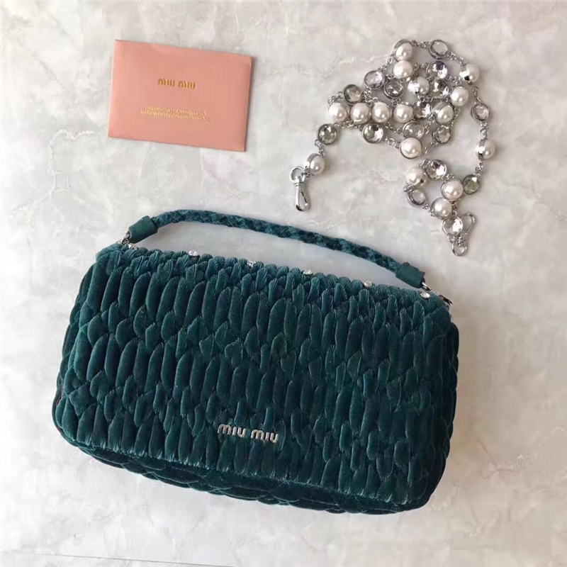 5BD417 MIUMIU繆繆 專柜新款 天鵝絨 珍珠水鉆 鏈條包 墨綠色