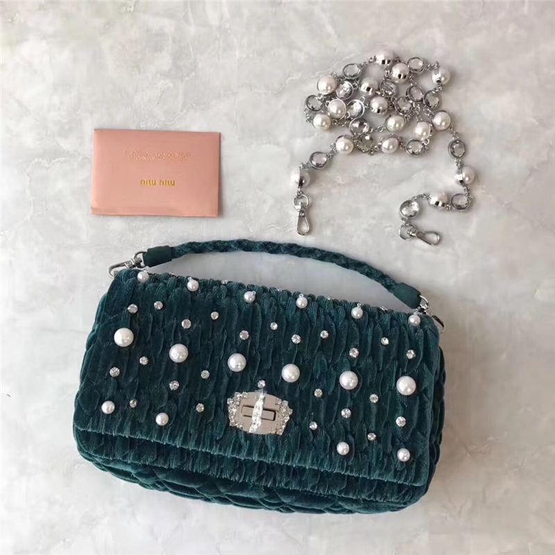 5BD417 MIUMIU繆繆 專柜新款 天鵝絨 珍珠水鉆 鏈條包 墨綠色