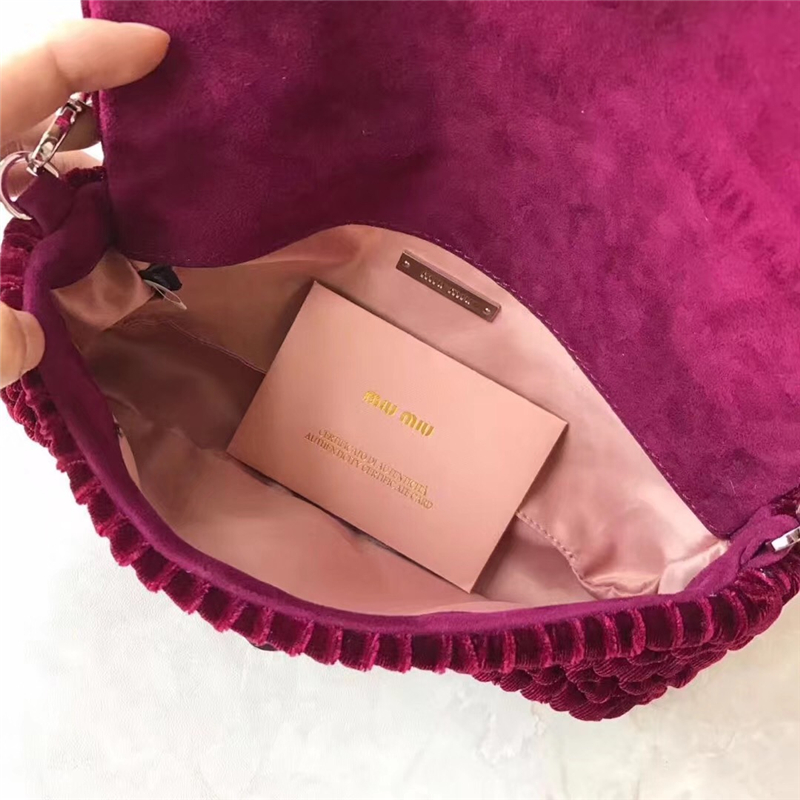 5BD417 MIUMIU繆繆 專柜新款 天鵝絨 珍珠水鉆 鏈條包 紫紅色