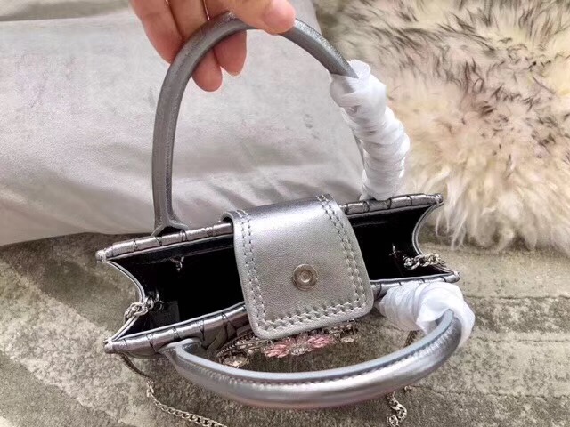 5BA081 專柜新款 MIU LADY 小羊皮 仿水晶大鉆裝飾 手提肩包 銀色