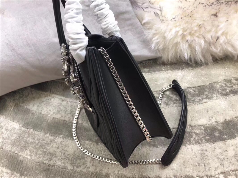 5BA081 專柜新款 MIU LADY 小羊皮 仿水晶大鉆裝飾 手提肩包 黑色銀扣