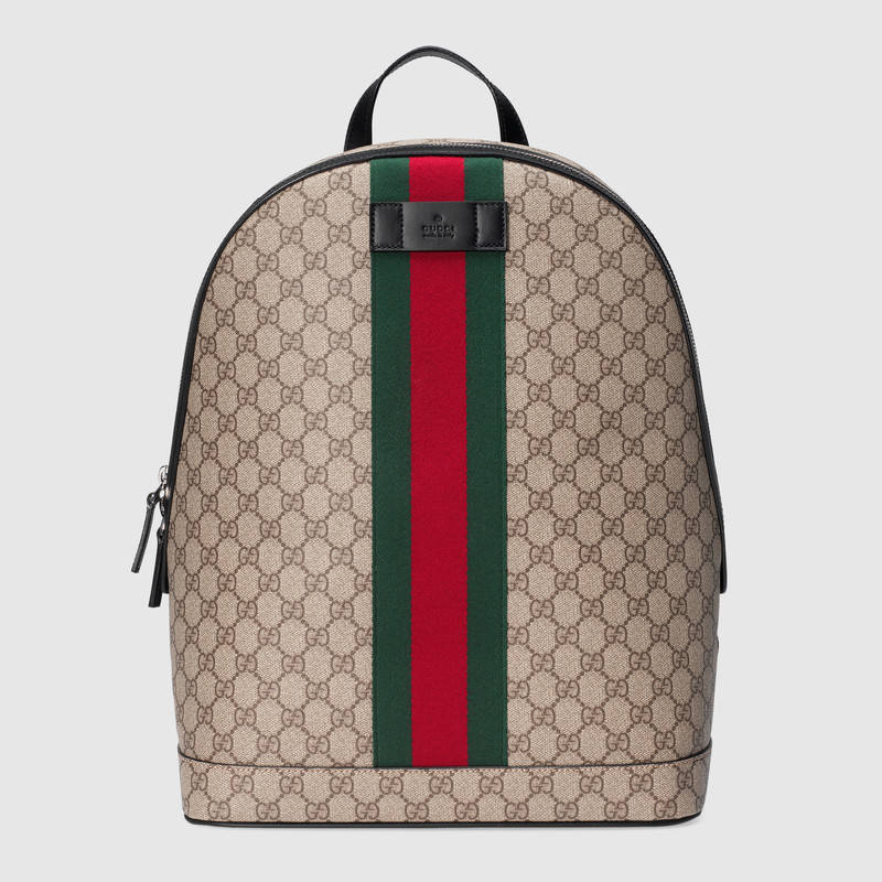 443805 GUCCI GG Supreme高級人造帆布 條紋織帶 雙肩包 啡色