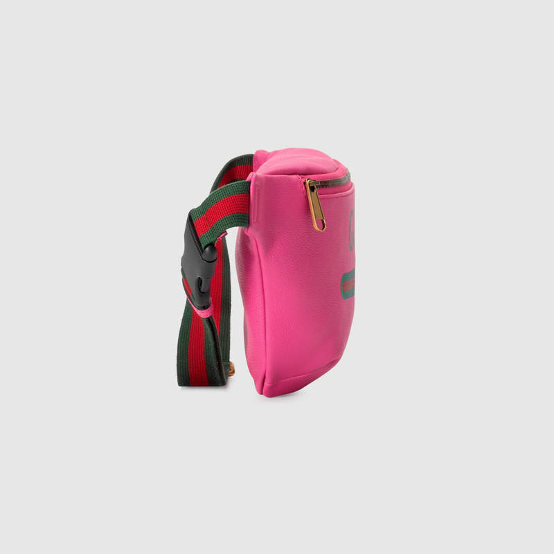 493869 Gucci標識 復古印花 織紋皮革 休閑腰包 玫紅色