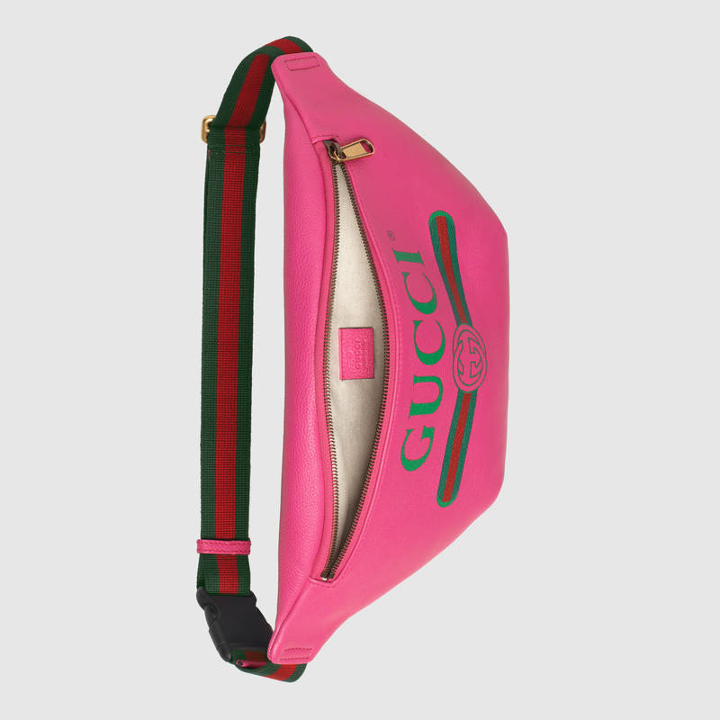493869 Gucci標識 復古印花 織紋皮革 休閑腰包 玫紅色