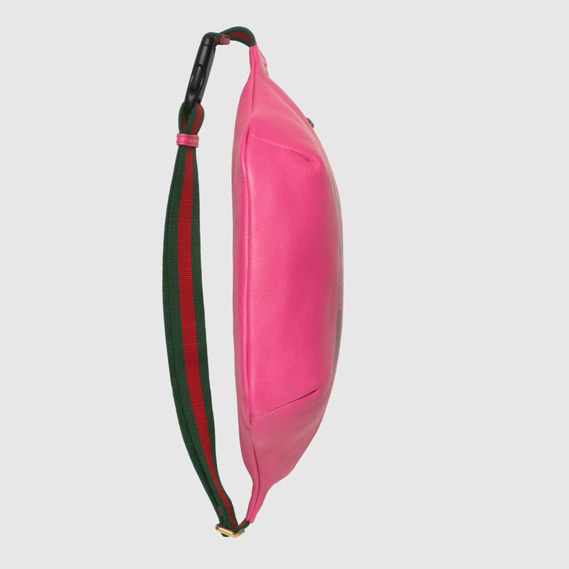 493869 Gucci標識 復古印花 織紋皮革 休閑腰包 玫紅色