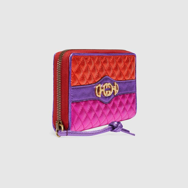 536350 GUCCI 層壓皮革 色彩拼接 馬銜扣 全拉鏈錢包 紅拼紫