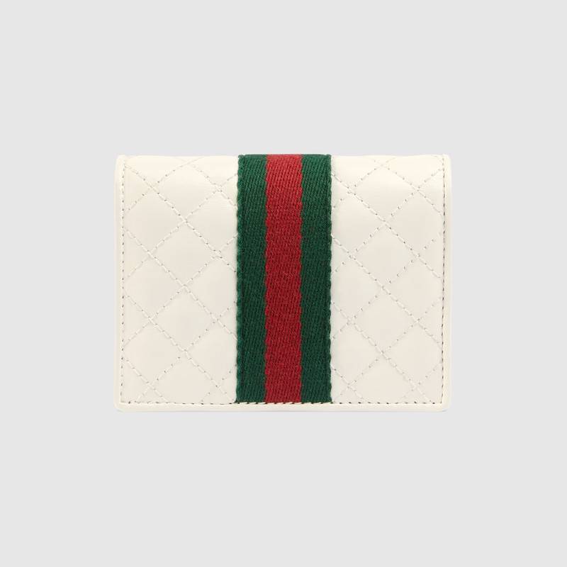 536453 GUCCI 飾雙G 紅綠條紋織帶 絎縫皮革 古馳卡包 白色