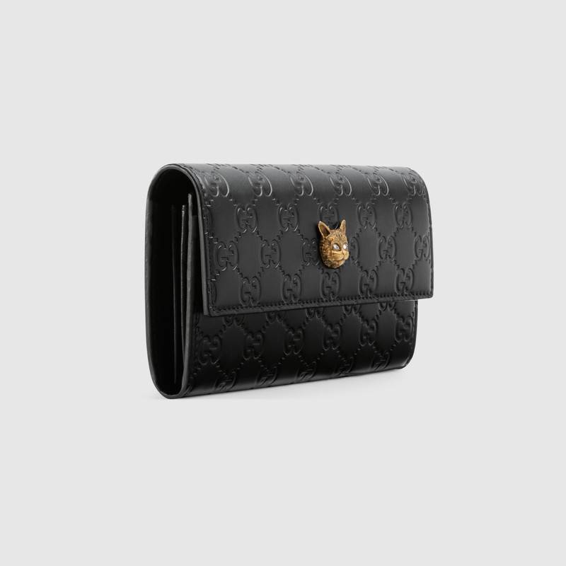 548055 Gucci Signature系列 壓印皮革 貓頭圖案 長款錢包 黑色