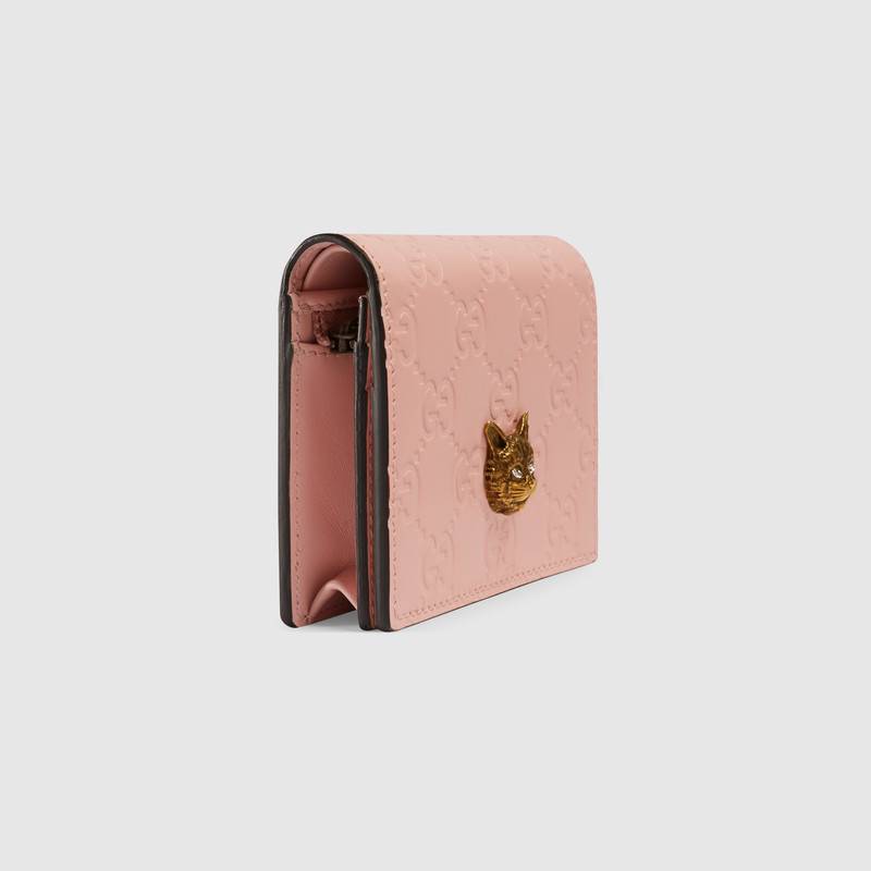 548057 Gucci Signature系列 壓印皮革 貓頭圖案 古馳卡包 粉色