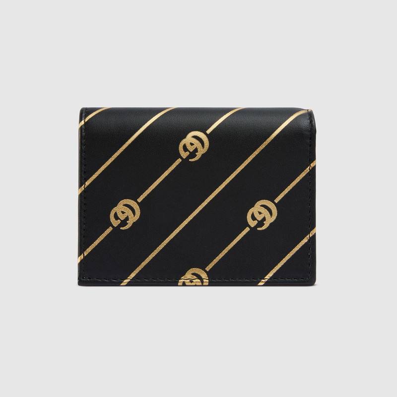 548071 GUCCI 黑色皮革 飾雙G條紋印花 古馳折疊卡包 黑色