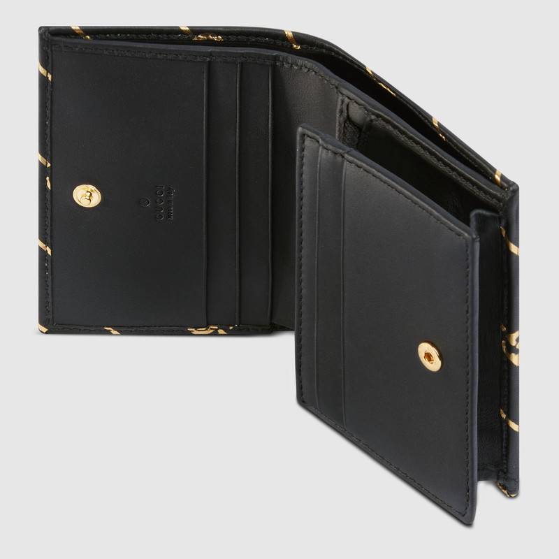 548071 GUCCI 黑色皮革 飾雙G條紋印花 古馳折疊卡包 黑色