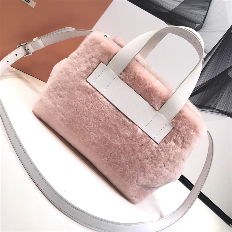 5BA085 MiuMiu女包 繆繆手提包 羊皮革提手 羊羔直毛手袋 粉色